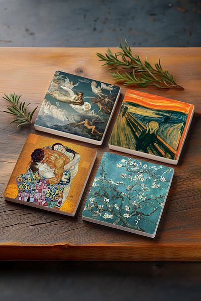Pinecone The Scream, Van Gogh Almond Tree, Gustav Klimt Family Embrace, Crossing of Souls Stone Coaster Set