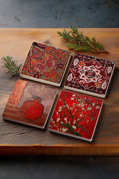 Pinecone Pomegranate, Pattern, Van Gogh Almond Tree Stone Coaster Desktop Protective Coaster 4 Piece Set 10x10cm