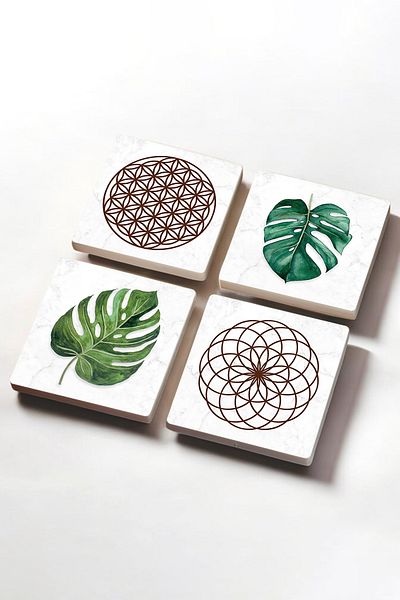 Pinecone Leaf, Flower of Life Stone Coasters Desktop Protective Coasters 4 Piece Set 10x10cm Stone Coasters