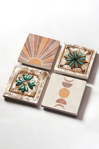 Pinecone Minimalist Abstract, Moroccan Patterned Vintage Stone Coasters Desktop Protective Coasters Set of 4 10x10cm