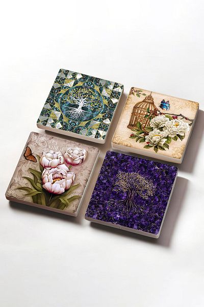 Pinecone Tree of Life, Butterfly Flower Stone Coaster Desktop Protective Coaster 4 Piece Set 10x10cm