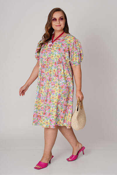 Büyük Moda Watermelon Sleeve Floral Patterned Dress