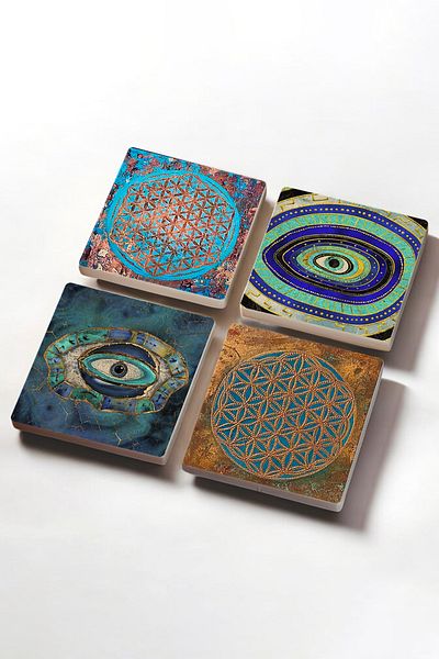Pinecone Evil Eye, Flower of Life Stone Coasters Desktop Protective Coasters 4 Piece Set 10x10cm Stone Coasters