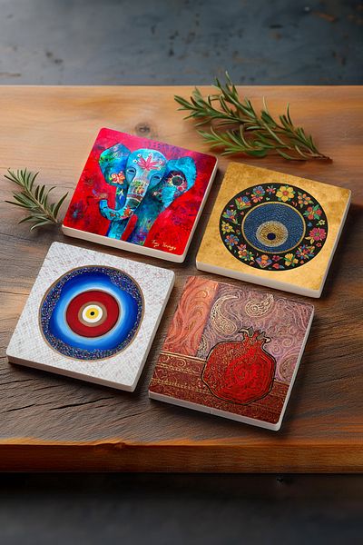 Pinecone Evil Eye, Elephant, Evil Eye Bead, Pomegranate Stone Coaster Desktop Protective Coaster 4 Piece Set 10x10cm