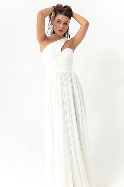 Lafaba Women's White One-Shoulder Slit Long Evening Dress