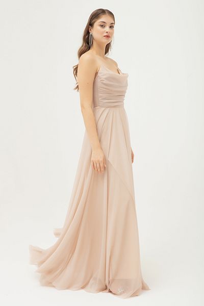 Lafaba Women's Beige Chest Draped Slit Flared Glitter Evening Dress