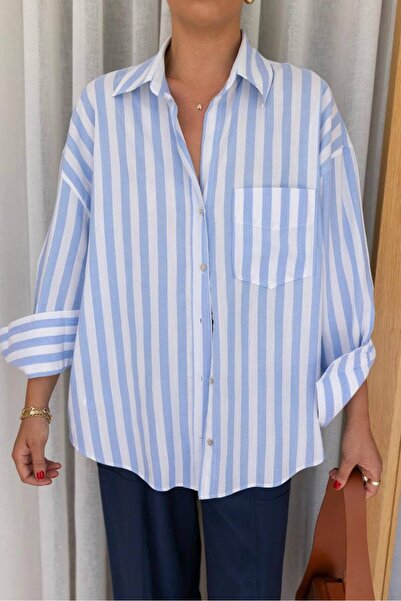 owwon Cămașă oversize 100% bumbac cu dungi albastre și albe pentru femei