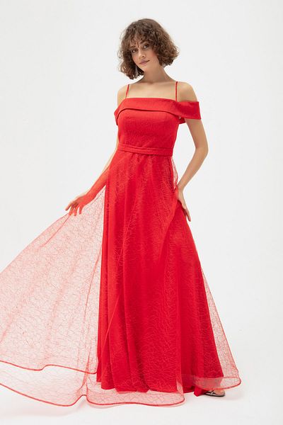Lafaba Rotes, silbernes langes Abendkleid mit U-Boot-Ausschnitt für Damen
