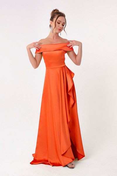 Lafaba Orangefarbenes Abendkleid und Abschlusskleid aus Satin mit U-Boot-Ausschnitt für Damen
