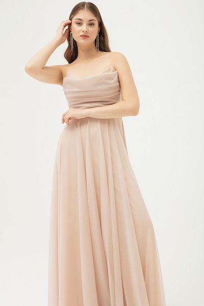 Lafaba Women's Beige Chest Draped Slit Flared Glitter Evening Dress