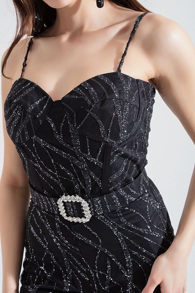 Lafaba Women's Black Thin Straps Glittery Evening Dress Jumpsuit