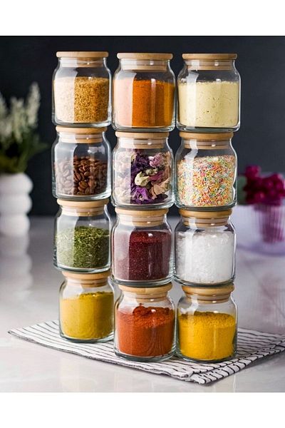 Lizzy 12 Pieces Luxury Glass Spice Set with Vacuum Lid 300 Ml
