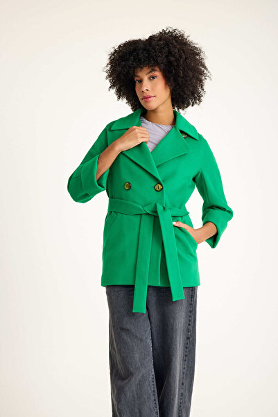 KENT Kuşaklı Açık Yeşil Kısa Kaşe Kaban Şık Düğmeli Tasarım