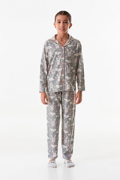 Fulla Moda Rabbit Print Buttoned Shirt Collar Girl's Pajamas Set