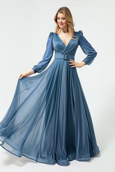 Lafaba Damen-Abendkleid in Indigo mit zweireihigem Ausschnitt, silbrig, lang, ausgestellt