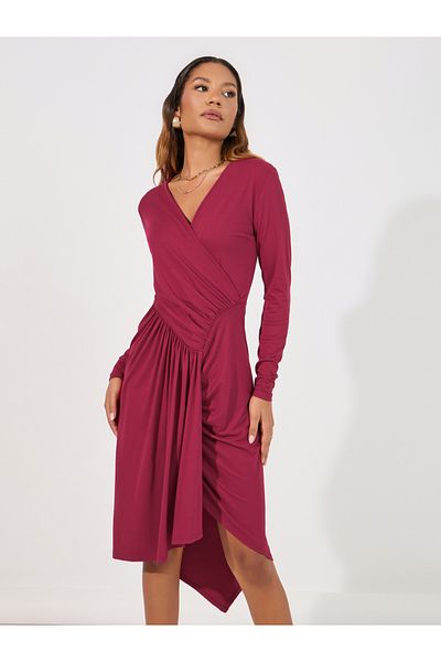 Styli Gathered Detail Asymmetric Hem Midi Dress