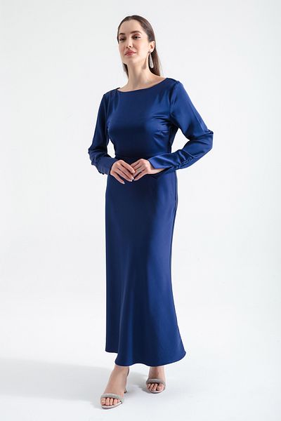 Lafaba Women's Navy Blue Back Low-cut Midi Satin Evening Dress