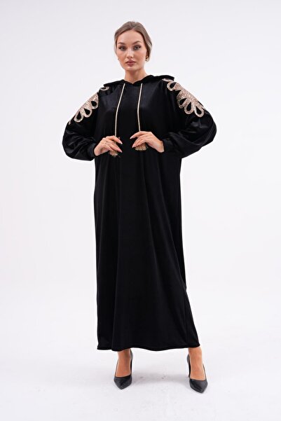 Eceyaman moda Women's Black Hooded Shoulder with Sequins Embroidery Black Velvet Dress