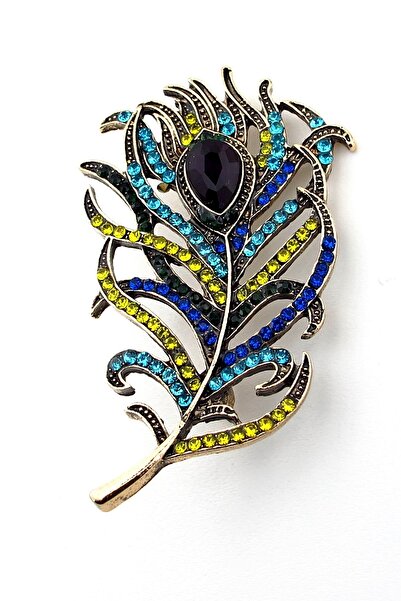 Solfera Tavus Kuşu Tüyü Şans Zümrüdü Anka Renkli Zirkon Taşlı Broş RZ242