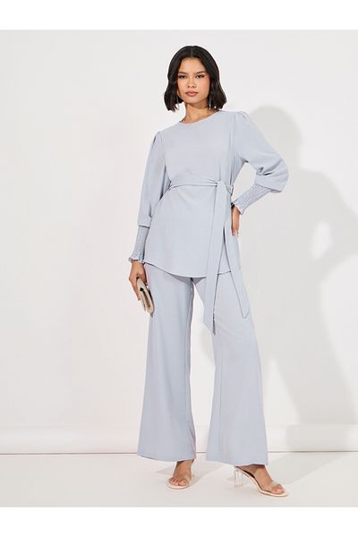 Styli Solid Cuff Sleeves Longline Top & Wide Leg Pants Modest Set