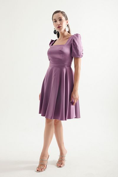 Lafaba Lavender Mini Satin Evening Dress - Balloon Sleeve and Flared Cut Dress