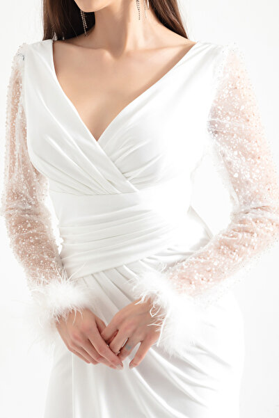 Lafaba Bílé dámské dlouhé večerní šaty s výstřihem do V a s kamennými rozparky