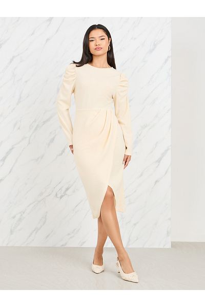Styli Puff Sleeves Pleated Wrap Style Midi Dress