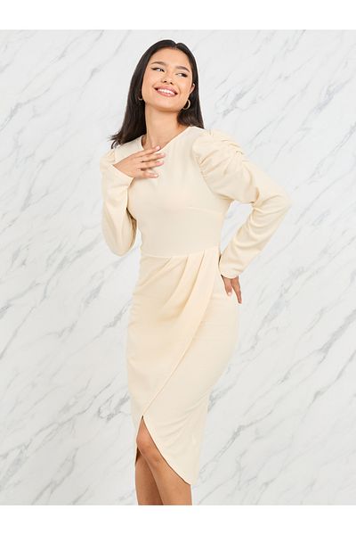 Styli Puff Sleeves Pleated Wrap Style Midi Dress
