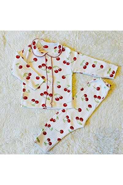 anne dokunuşu gibi KUZUM BEBE Kirazlı Organik Omuzdan 2’li Fitilli Kumaş Kız Bebek Çocuk Alt Üst Pijama Takımı