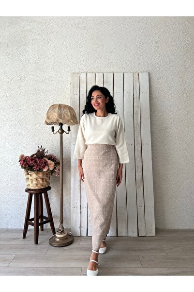 KÜÇÜĞÜM BUTİK Fusta lungă din tweed de culoare bej