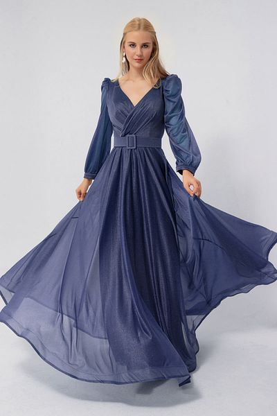 Lafaba Women's Navy Blue Double Breasted Collar Silvery Long Flared Evening Dress