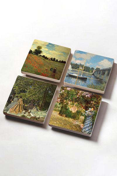 Pinecone Claude Monet In the Garden, Lunch in the Countryside, The Bridge in Argenteuil, Poppies Stone Coasters Set of 4