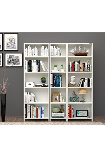 Buzkan Mobilya % 100 Mdf Mobilya 5 Raflı Geniş Kitaplık - Beyaz Parlak