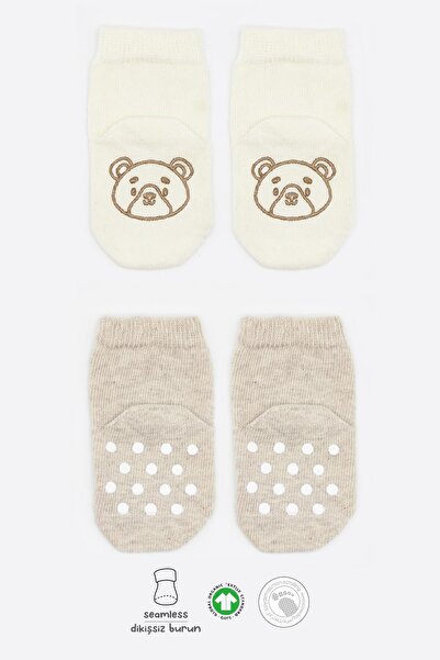 Bistyle Bistil Organik Dikişsiz 2li Figürlü Kaymaz Penye Soket Bebek Çorap
