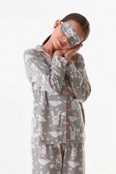 Fulla Moda Rabbit Print Buttoned Shirt Collar Girl's Pajamas Set