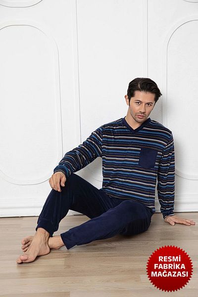 Aydoğan Σετ ανδρικές βελούδινες πιτζάμες Navy Blue με μακρυμάνικο λαιμόκοψη 13018 Aydogan ®