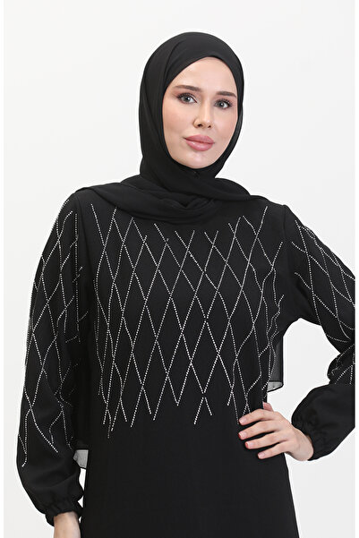 sefamerve Βραδινό φόρεμα με λεπτομέρεια από μαύρη πέτρα - 0525-01