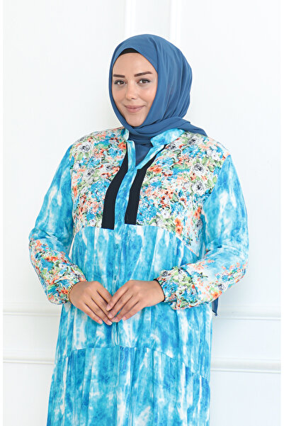 sefamerve Φόρεμα με τιρκουάζ μοτίβο βισκόζης Plus Size - 5071-03