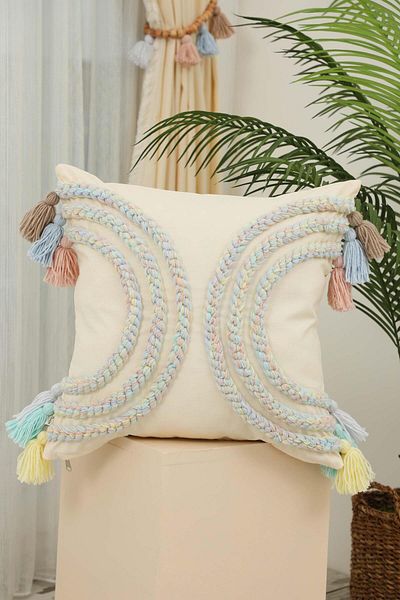 Aisha's Design Handmade Knitted and Tassel Detailed Bohemian Decorative Throw Pillow Cover, K-388