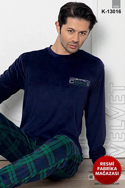 Aydoğan Синій чоловічий вельветовий зимовий піжамний комплект з довгими рукавами та коміром-стійкою, зелені піжамні штани в клітинку