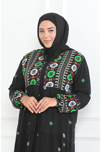 sefamerve Plus Size Patterned Buttoned Viscose Dress 5070-01 Black