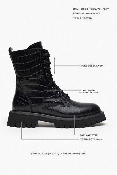 NİŞANTAŞI SHOES Tempest 4 εκ. Lace Up Γυναικείες μπότες από γνήσιο δέρμα με μαύρο σχέδιο