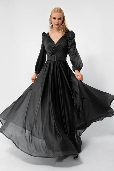 Lafaba Women's Black Double-Breasted Collar Silvery Long Flared Evening Dress