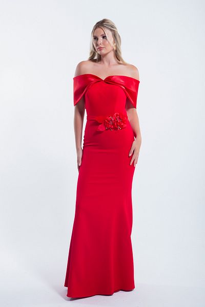 Lafaba Women's Red Long Bow Boat Neck Evening Dress