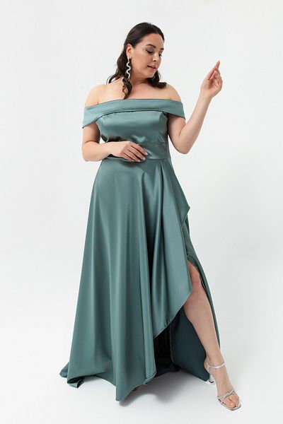 Lafaba Damska turkusowa sukienka z dekoltem w łódkę, plus size, satynowa suknia wieczorowa i sukienka na zakończenie roku