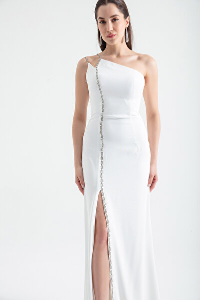 Lafaba Women's White Chain Strap Long Evening Dress