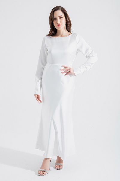 Lafaba Women's White Back Low-cut Midi Satin Evening Dress