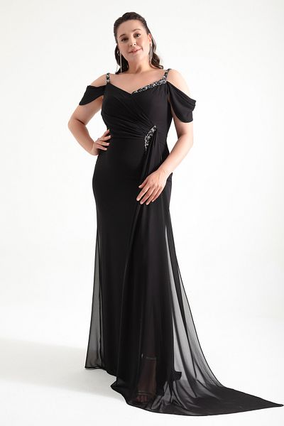 Lafaba Women's Black Strap Jewelled Large Size Evening Dress