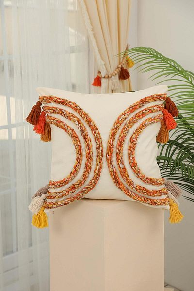 Aisha's Design Handmade Knitted and Tassel Detailed Bohemian Decorative Throw Pillow Cover, K-388