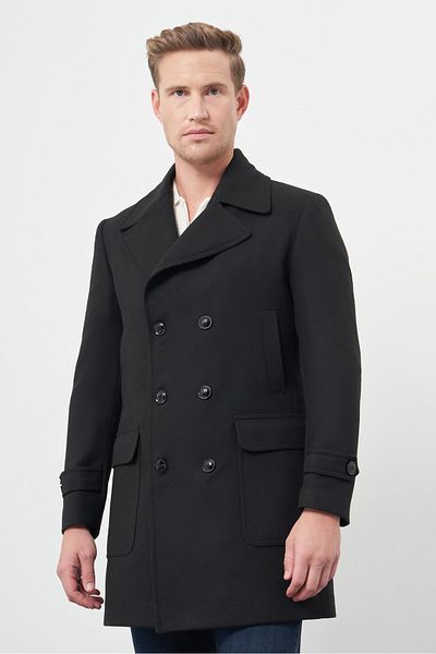 İmza Μαύρο κλασικό παλτό Slim Fit - Διπλό στήθος, γιακάς χελιδονοουράς, μονό σχιστό, πλήρης επένδυση, 1005245151